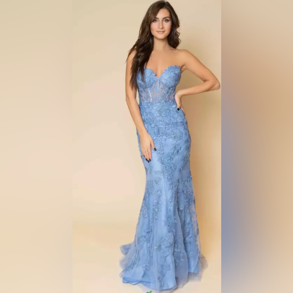Sherri Hill Lace Corset Dress 54227 In periwinkle with lace up back